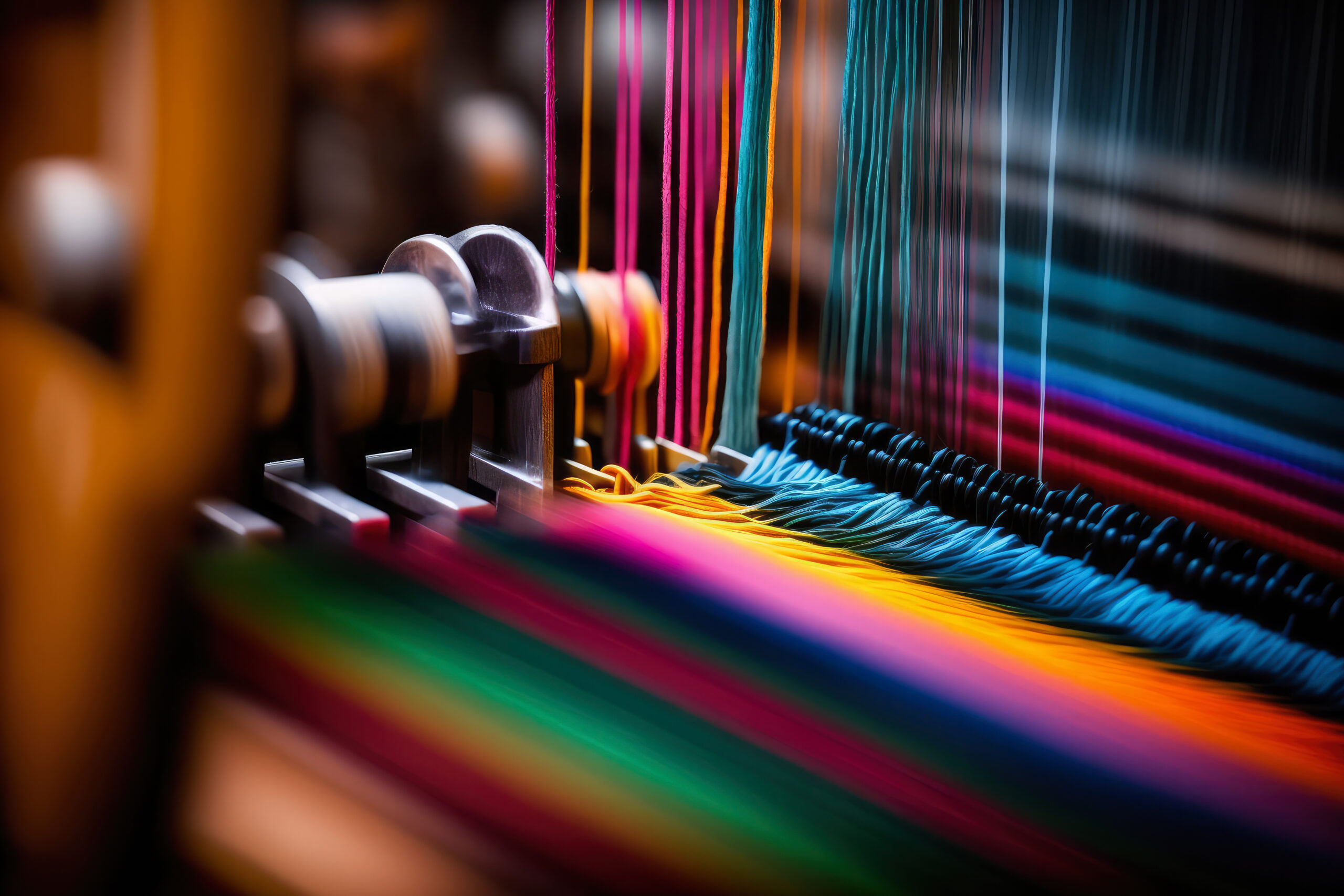 abstract image of a loom at work, with blurry motion and vibrant